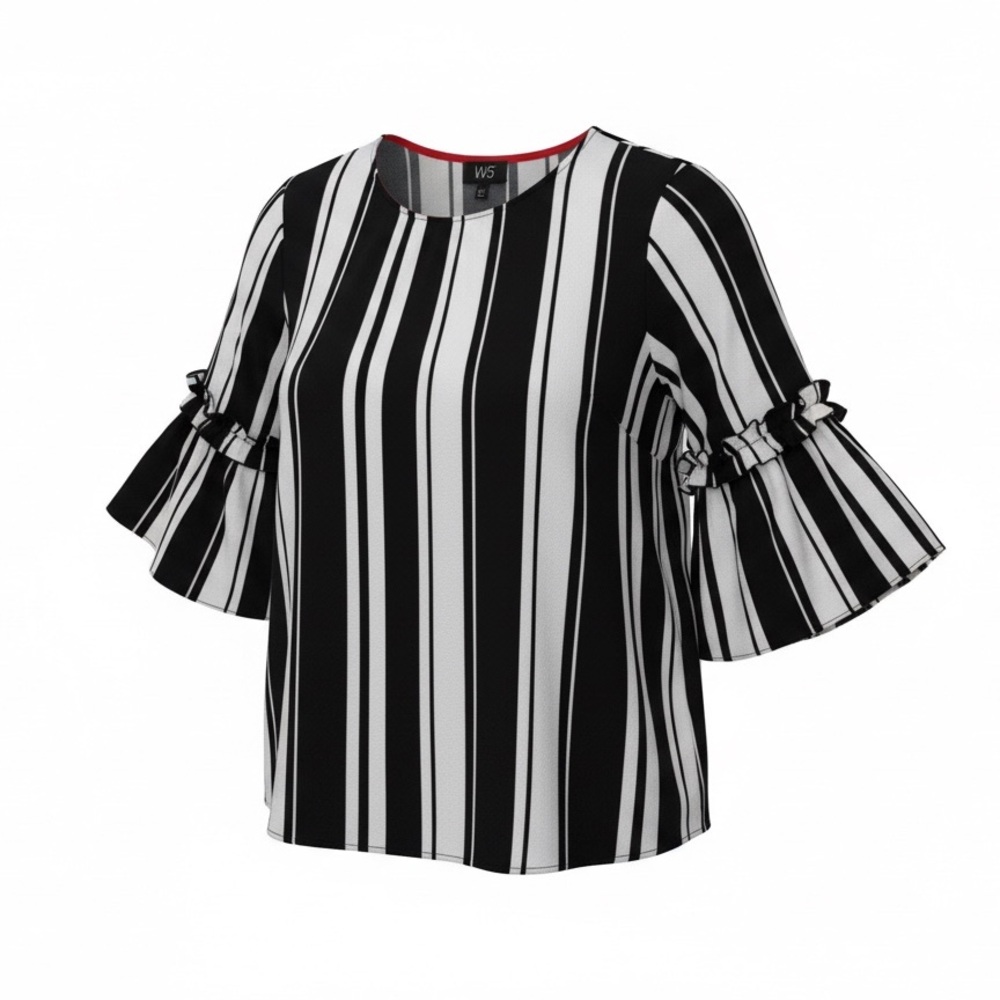 W5 Black and White Striped Ruffle Bell Sleeve Boho Blouse Top Size Large